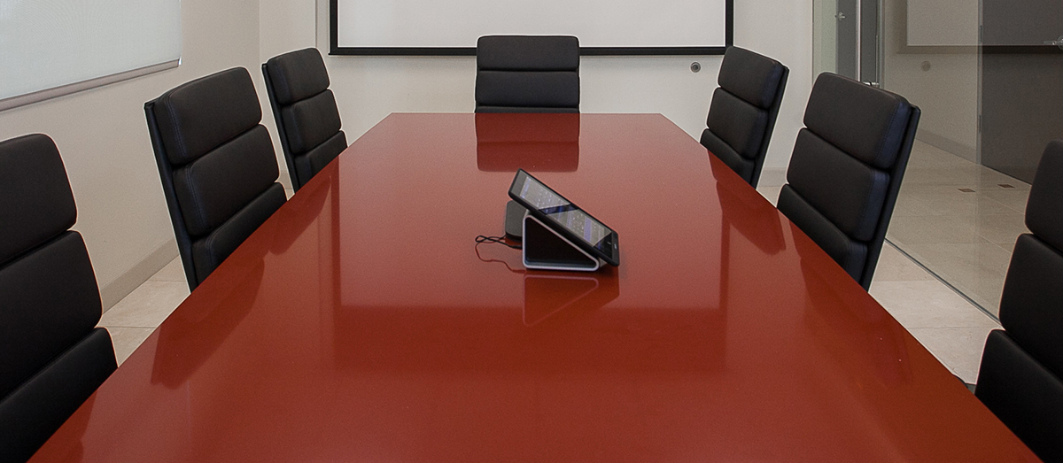 red conference room desk