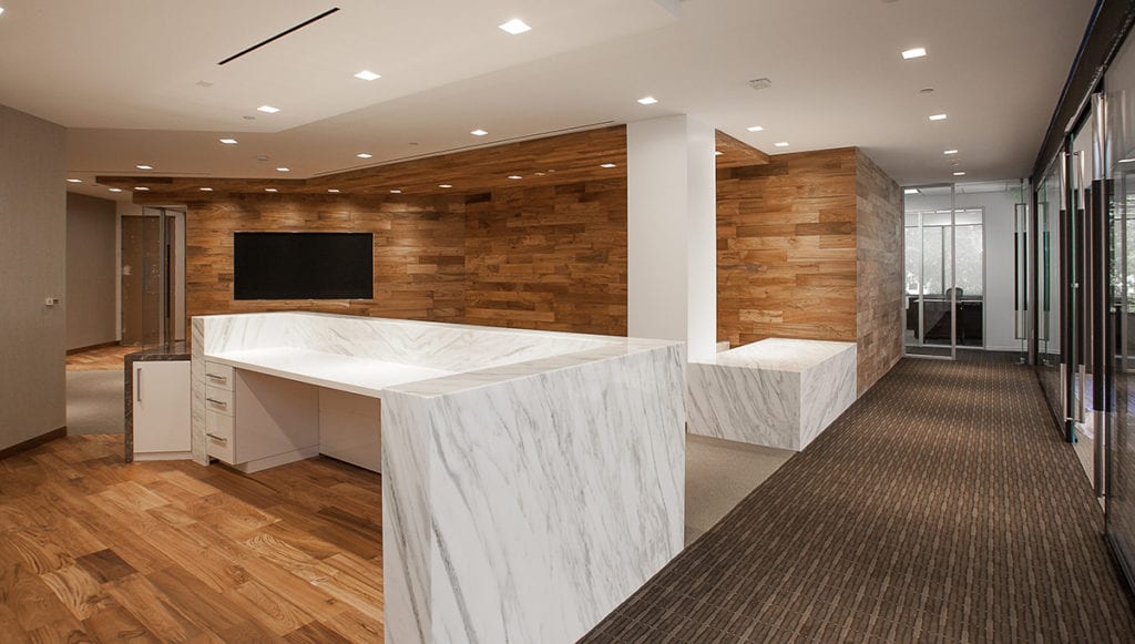 full view marble desk wood wall