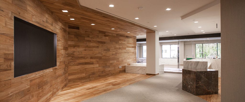 wood wall with large screen
