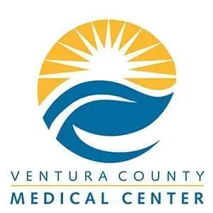 The logo of Ventura County Medical Center, perfect for a commercial landing page, features a stylized sun rising above a blue wave, enclosed in a circular design. Below the image, the text reads 